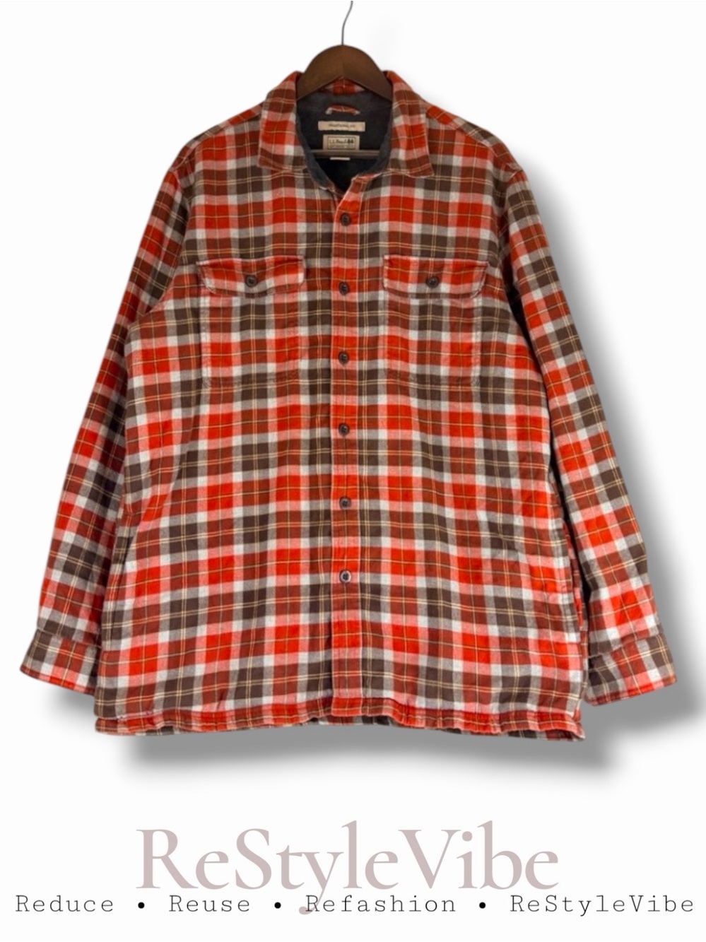 LL BEAN Men’s Size L Shirt Button Down Flannel Plaid Fleece Lined Shacket Style